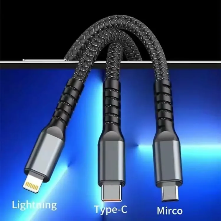 100W 3-in-1 Fast Charging Cable | Type-C, Micro USB & Lightning | Universal Data Cable for Smartphones, Tablets & Laptops (Black)