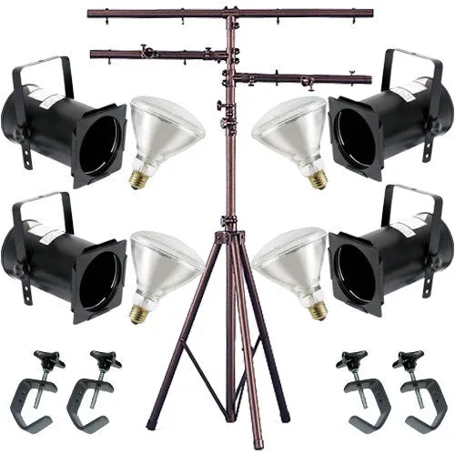 4 Black PAR CAN 38 120w BR40 Flood C-Clamp 12ft Stand