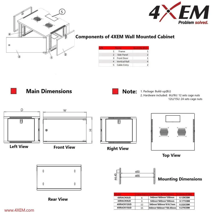 4XEM 15U 24" Deep Wall Mount Server Rack