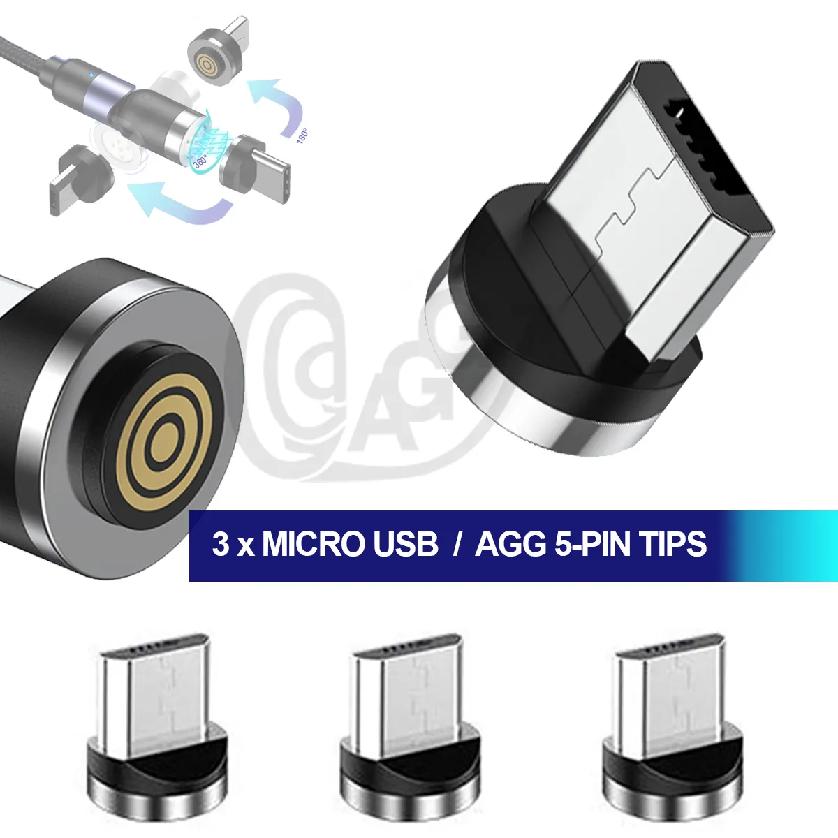 5-pin magnetic adapter tips for Micro USB, 3 count Micro USB adapters for model AGG5P3A cables Fast Charge / Fast Data