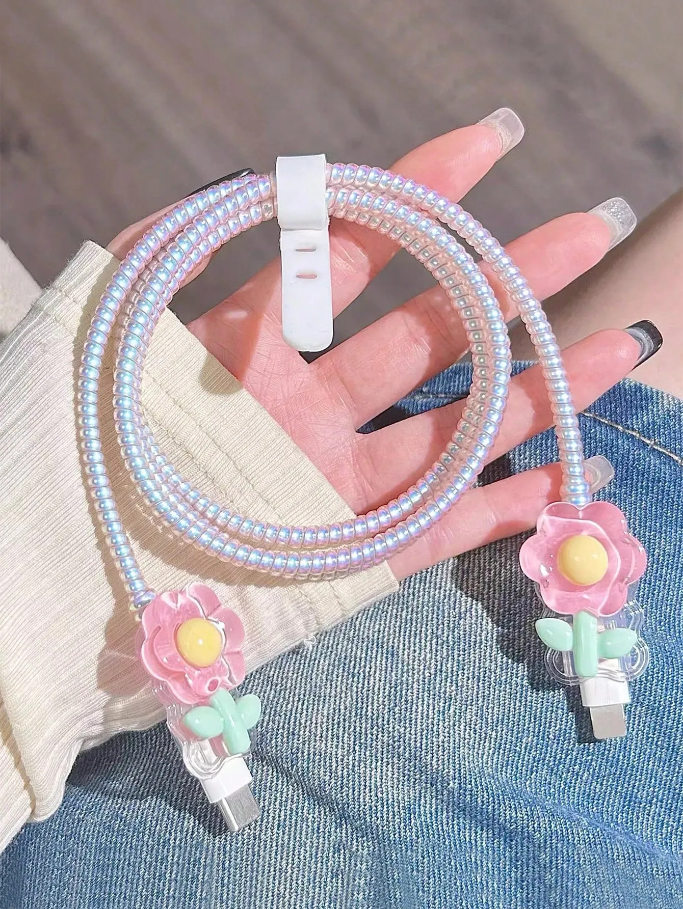 5pcs/set Water Ripple & Flower Design 1.5m Laser Wrapped Data Cable Cord Protector, Compatible With Apple Phone's 20w Fast Charging Data Cable