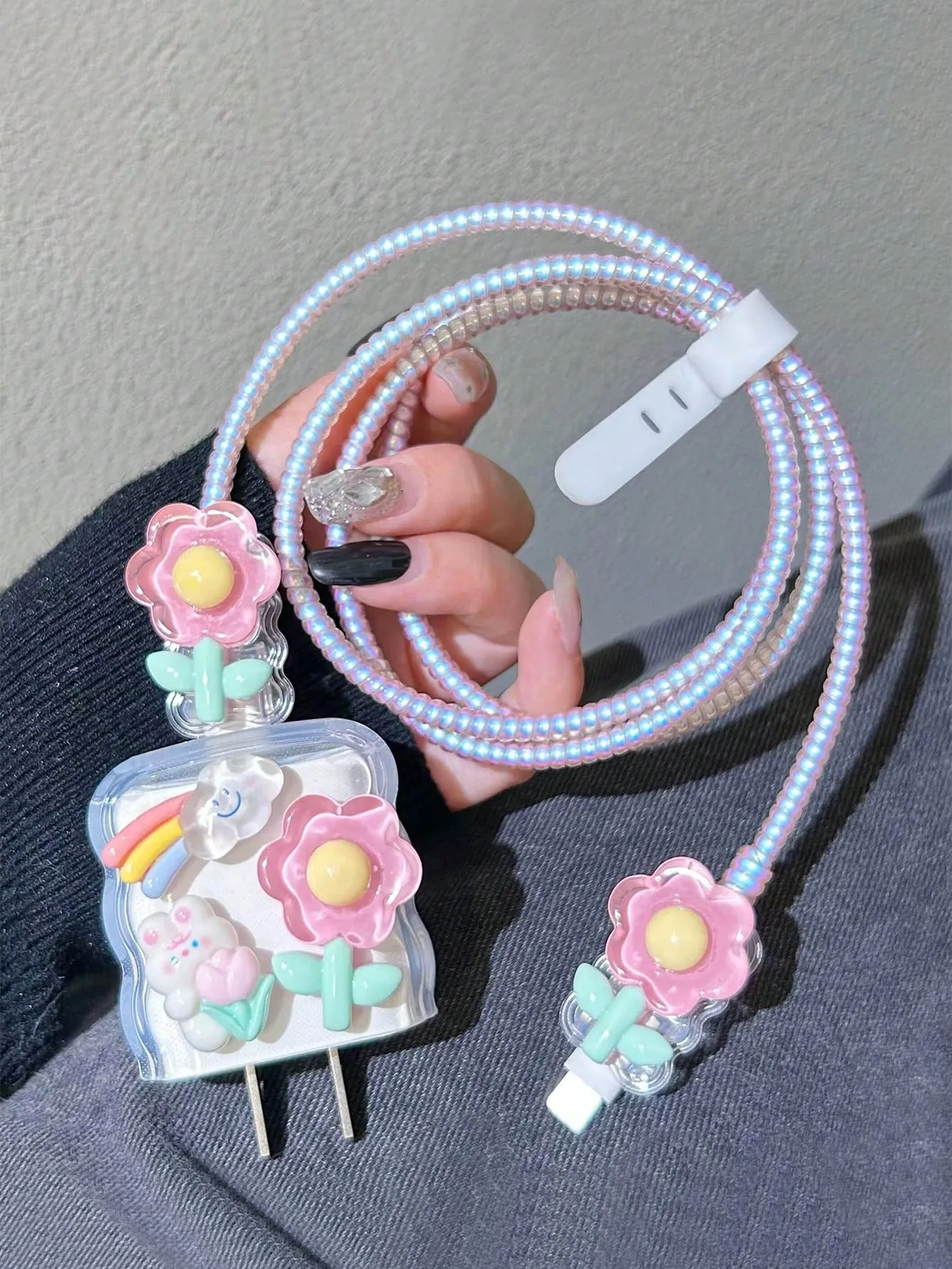 5pcs/set Water Ripple & Flower Design 1.5m Laser Wrapped Data Cable Cord Protector, Compatible With Apple Phone's 20w Fast Charging Data Cable