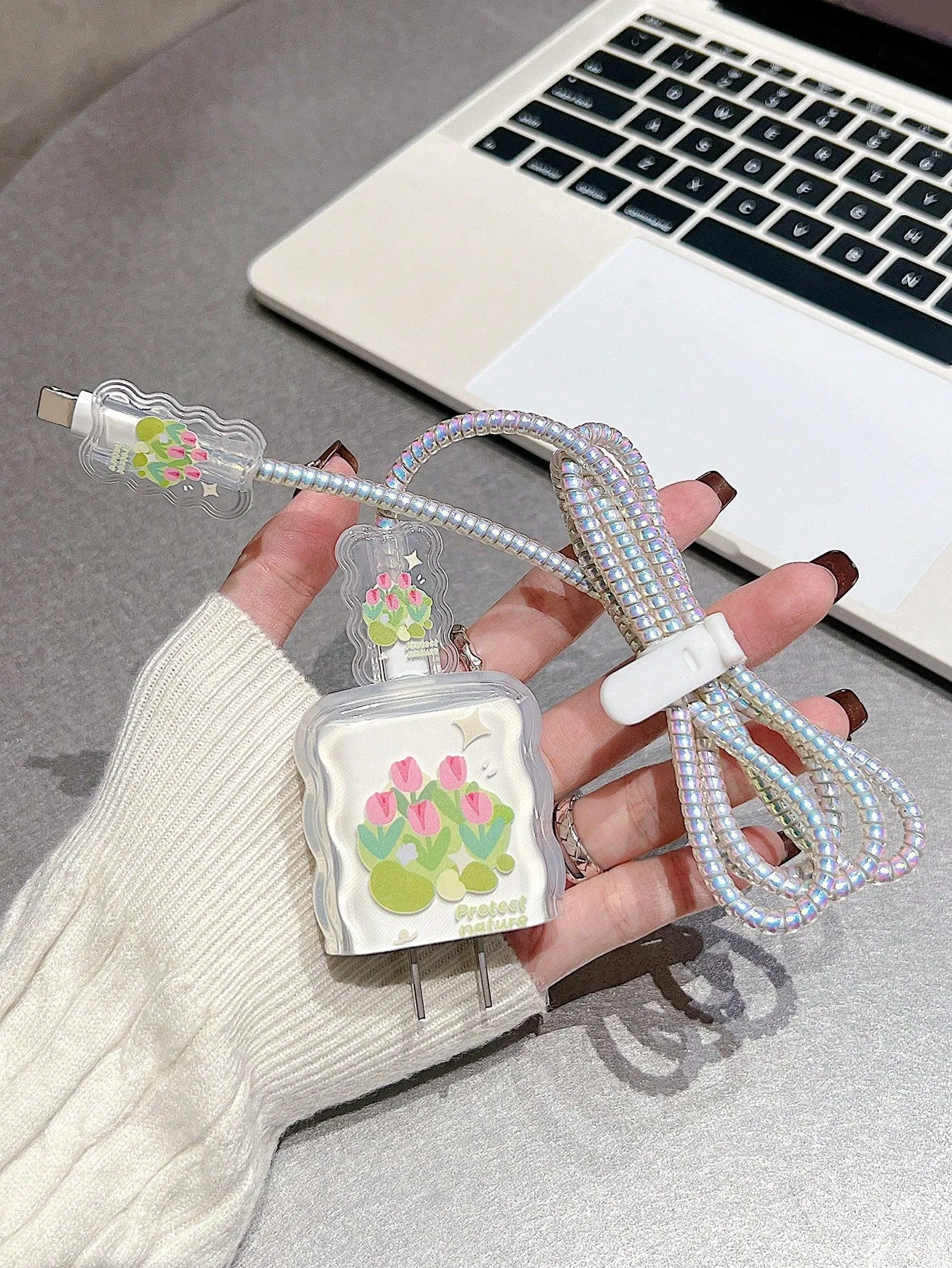 5pcs/set Water Ripple & Flower Design 1.5m Laser Wrapped Data Cable Cord Protector, Compatible With Apple Phone's 20w Fast Charging Data Cable