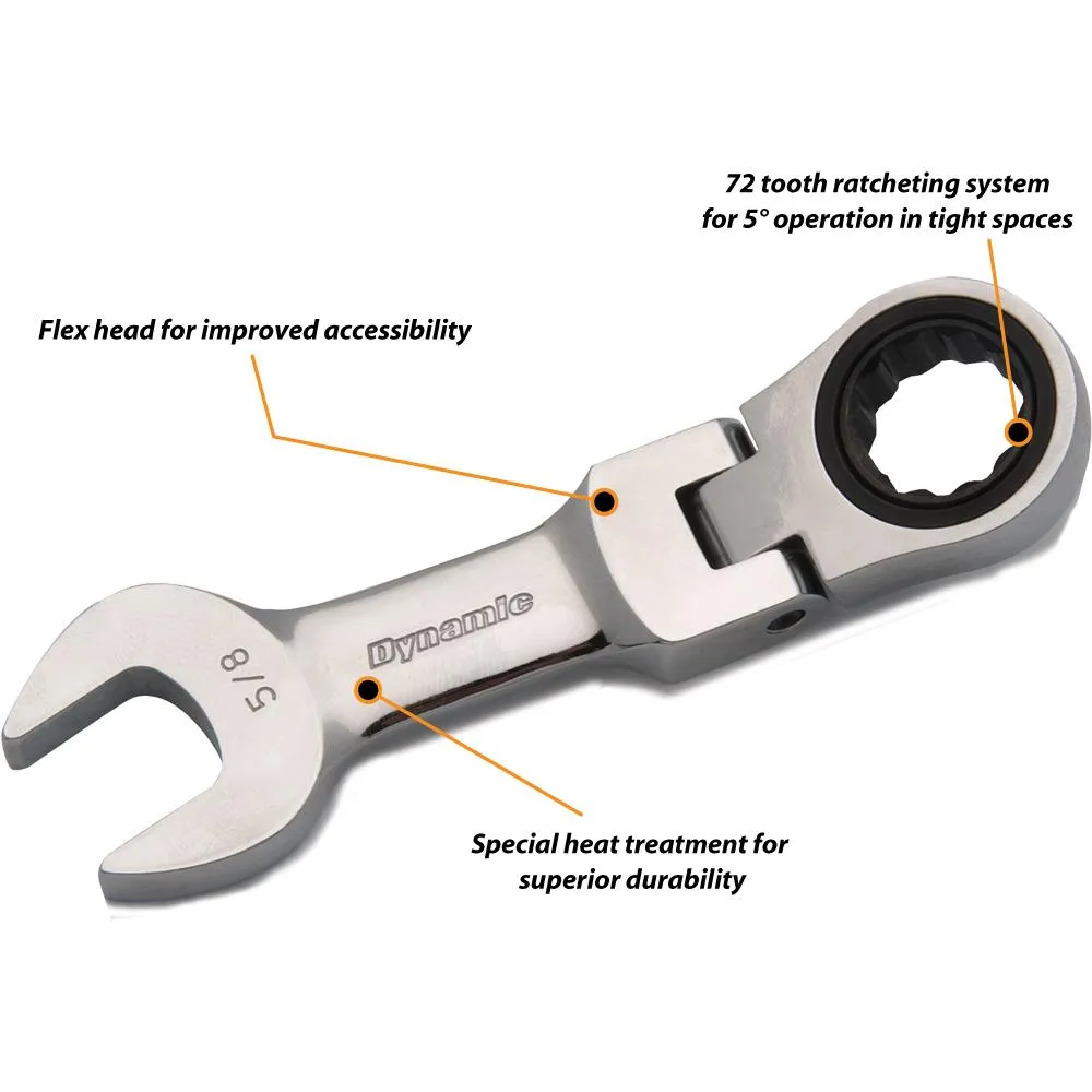 8 Piece SAE Stubby Flex Head, Combination Ratcheting Wrench Set, 5/16" - 3/4"