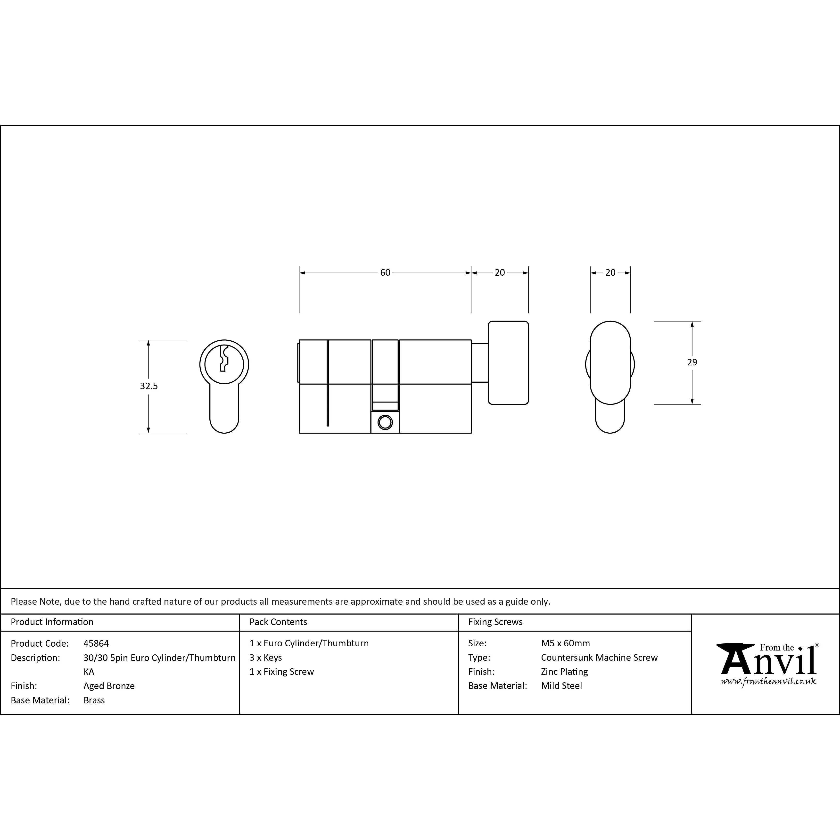 Aged Bronze 30/30 5pin Euro Cylinder/Thumbturn KA | From The Anvil