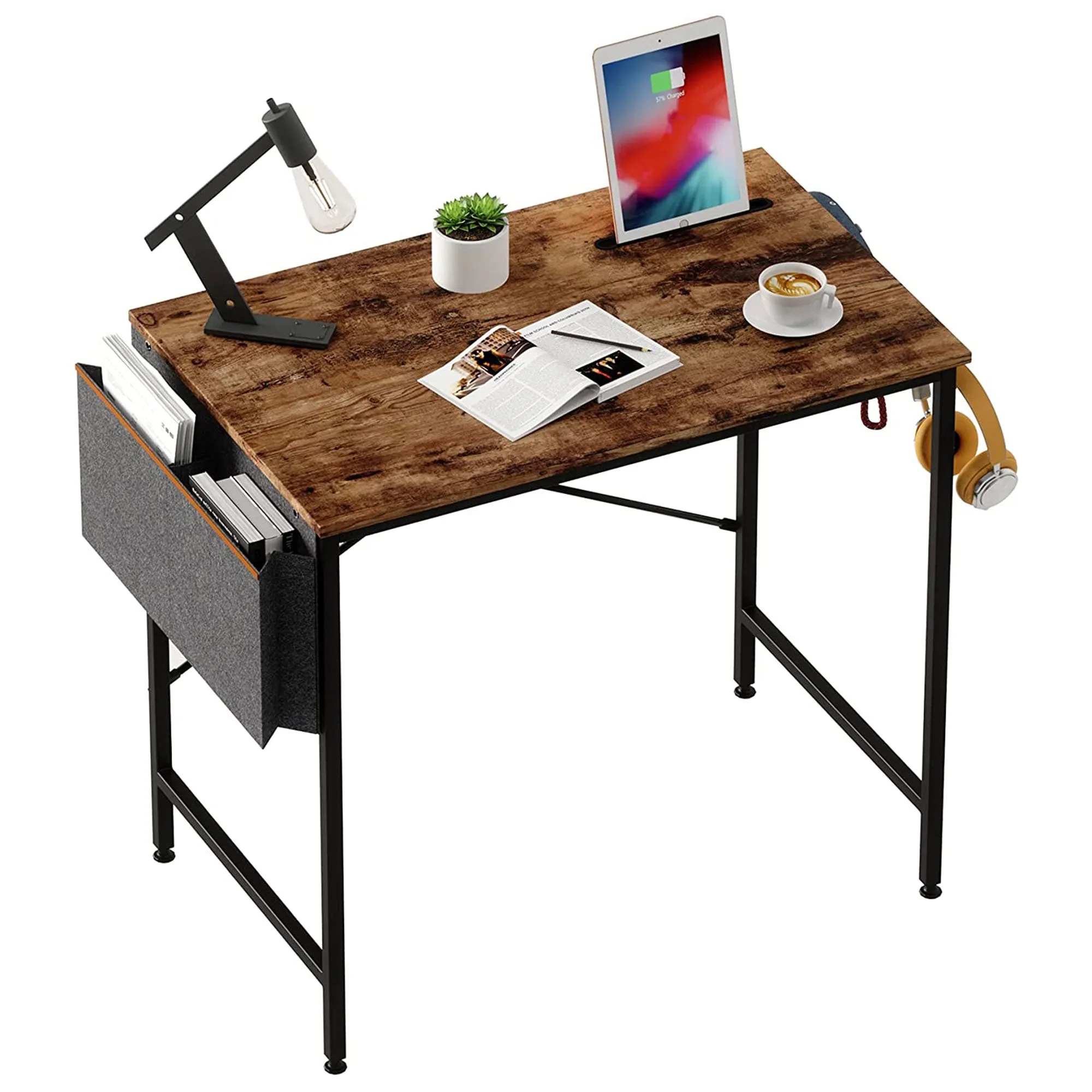 Bestier 32in Simple Office Study Desk with Storage Bag, Rustic Brown (Open Box)