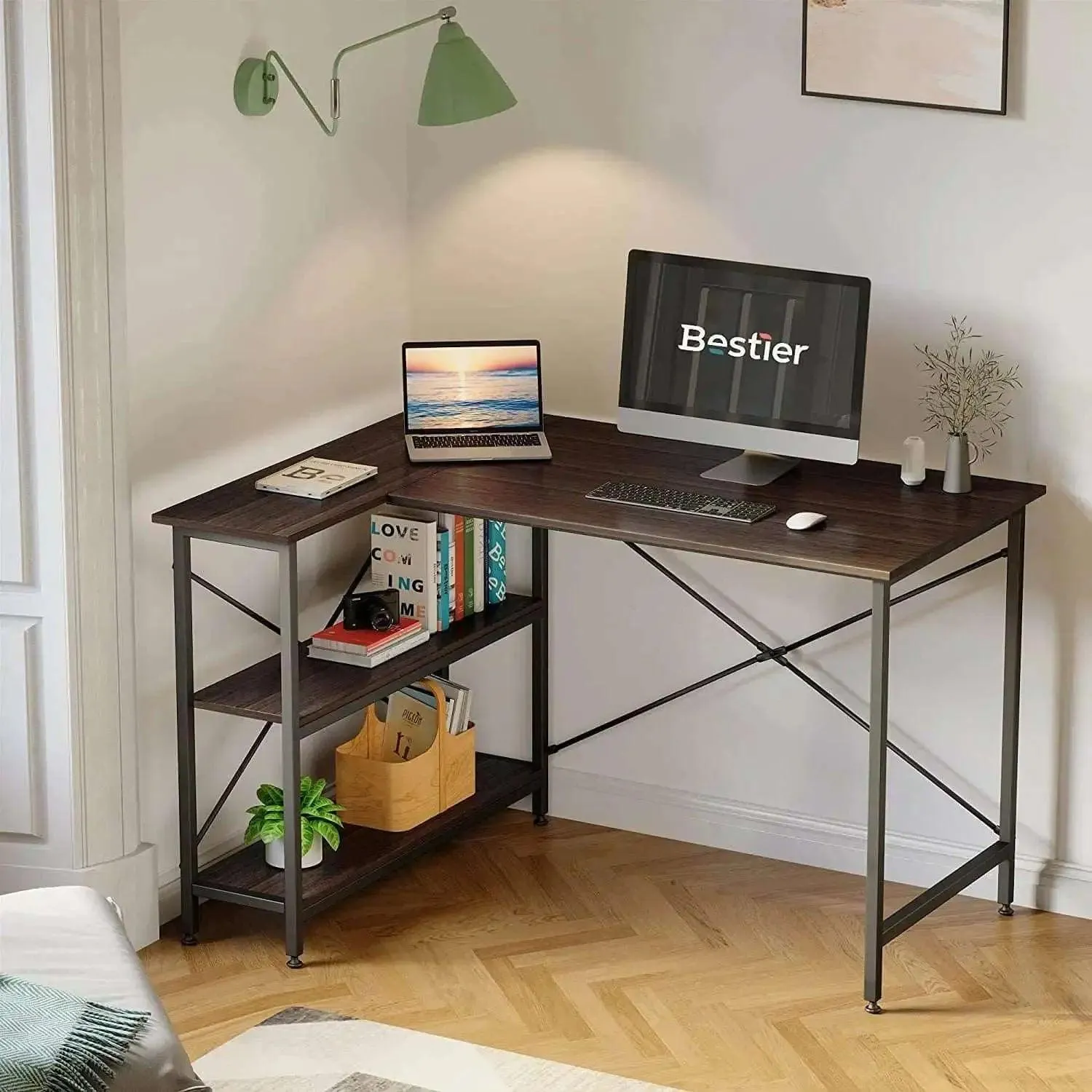 Bestier Small L Shaped Desk for Home Office Desk with Reversible Shelves