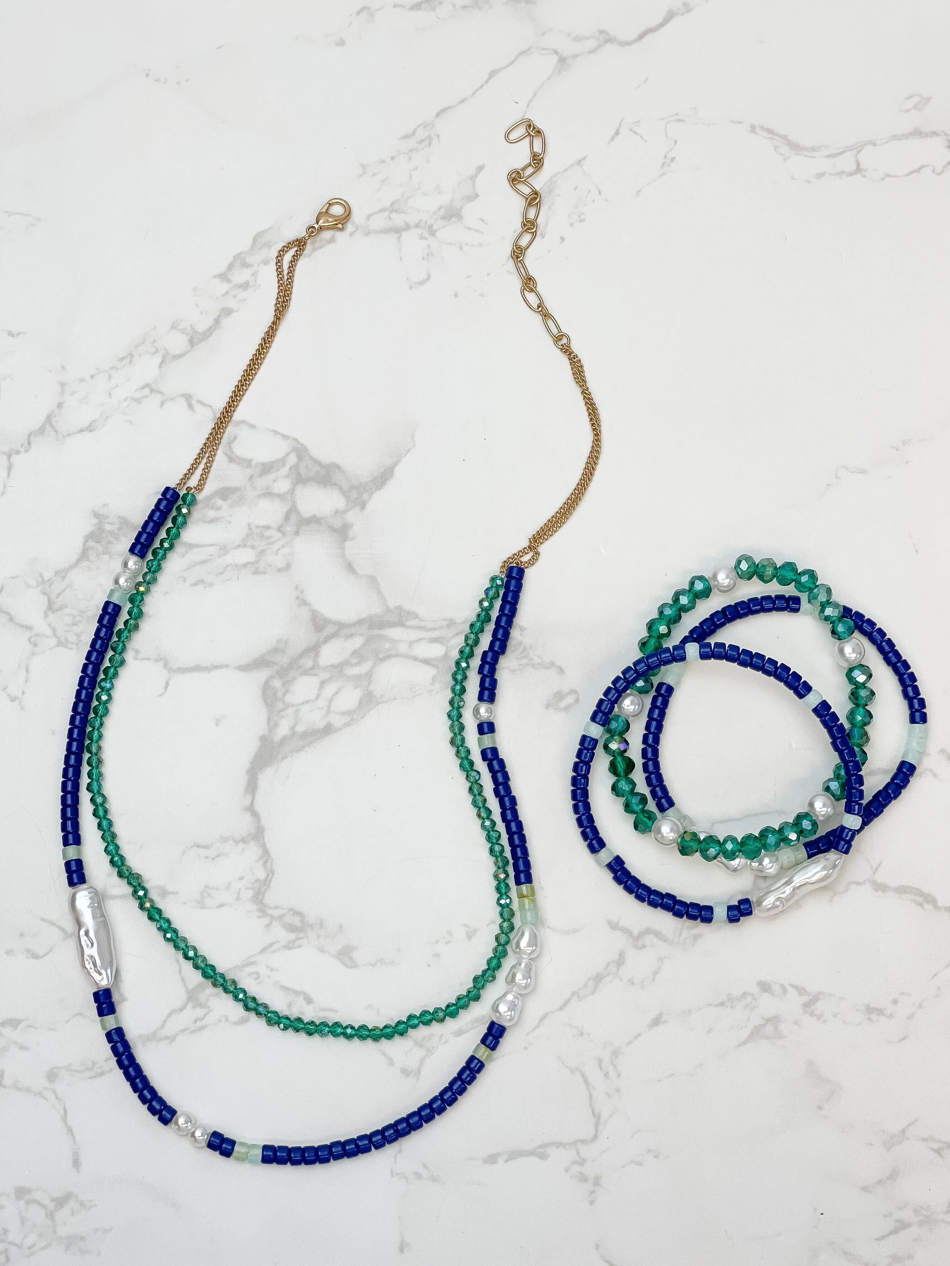 Blue Bead & Pearl Dual Layer Necklace