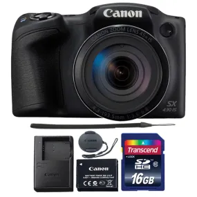 Canon PowerShot SX430 IS 20MP Digital Camera Black with 16GB Memory Card