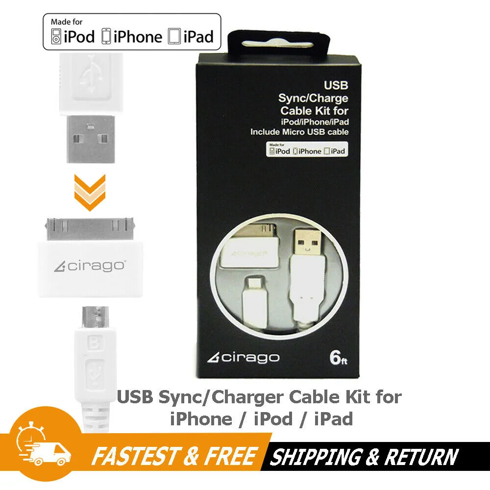 Cirago 6Ft Certified Micro USB Sync/Charge Cable Kit for Apple & Android Device