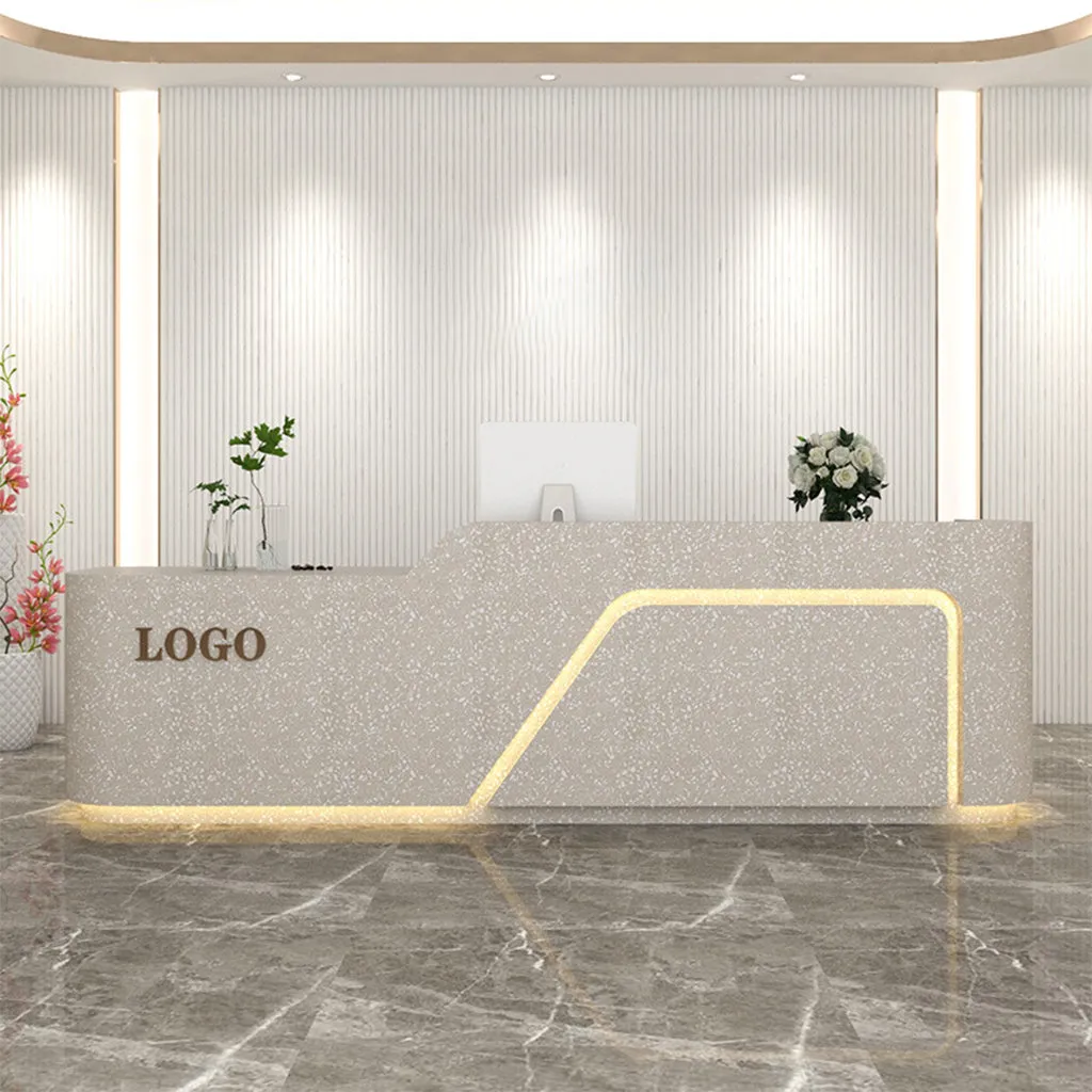 Corner Arc-Edge Straight Reception Desk with Keyboard Tray, Cabinets, and Drawers for Hotels JDT-1074