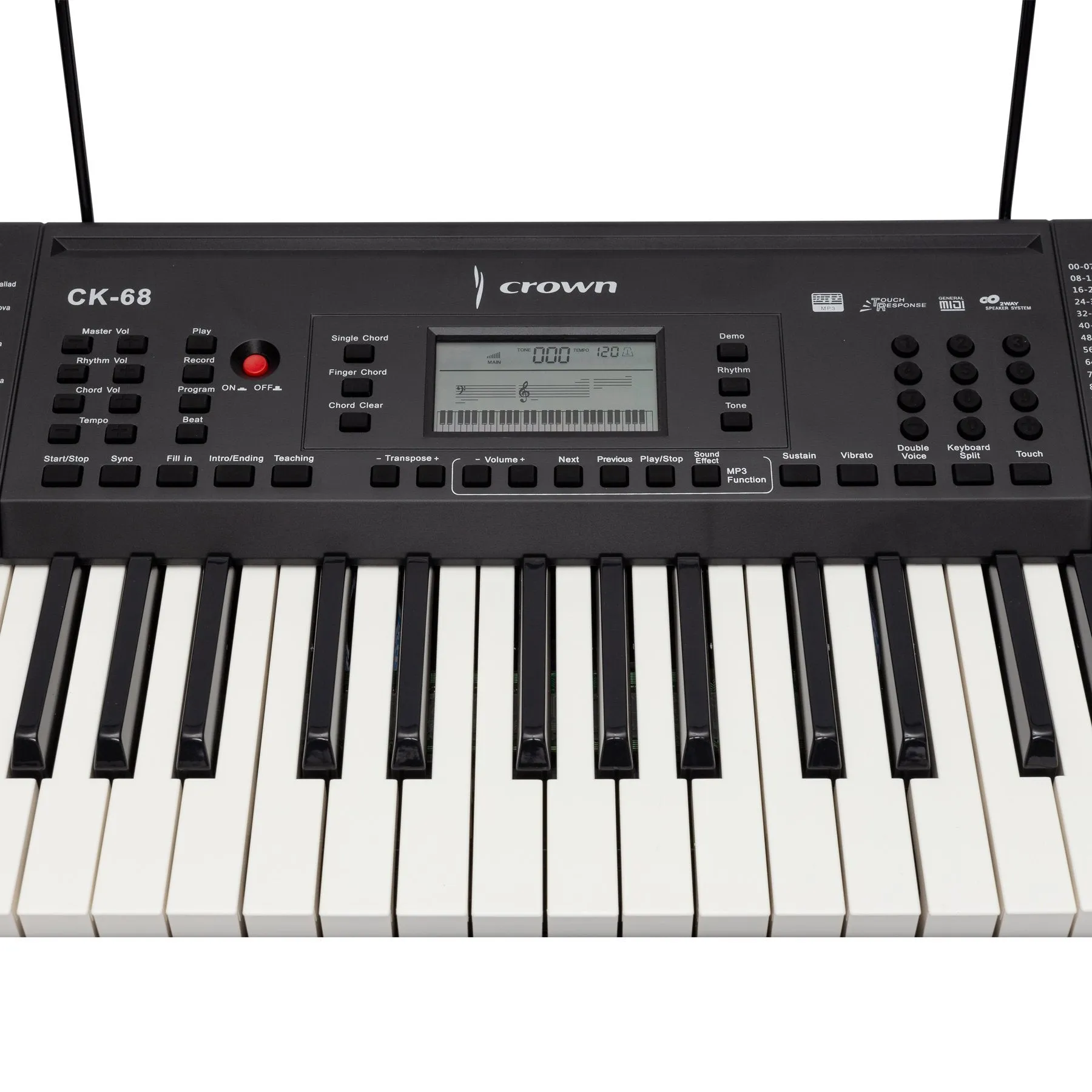 Crown CK-68 Touch Sensitive Multi-Function 61-Key Electronic Portable Keyboard with MIDI (Black)