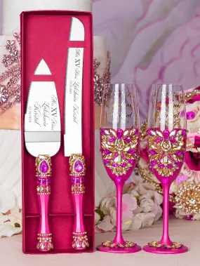 Fuchsia quinceanera cake knife set with 2 glasses