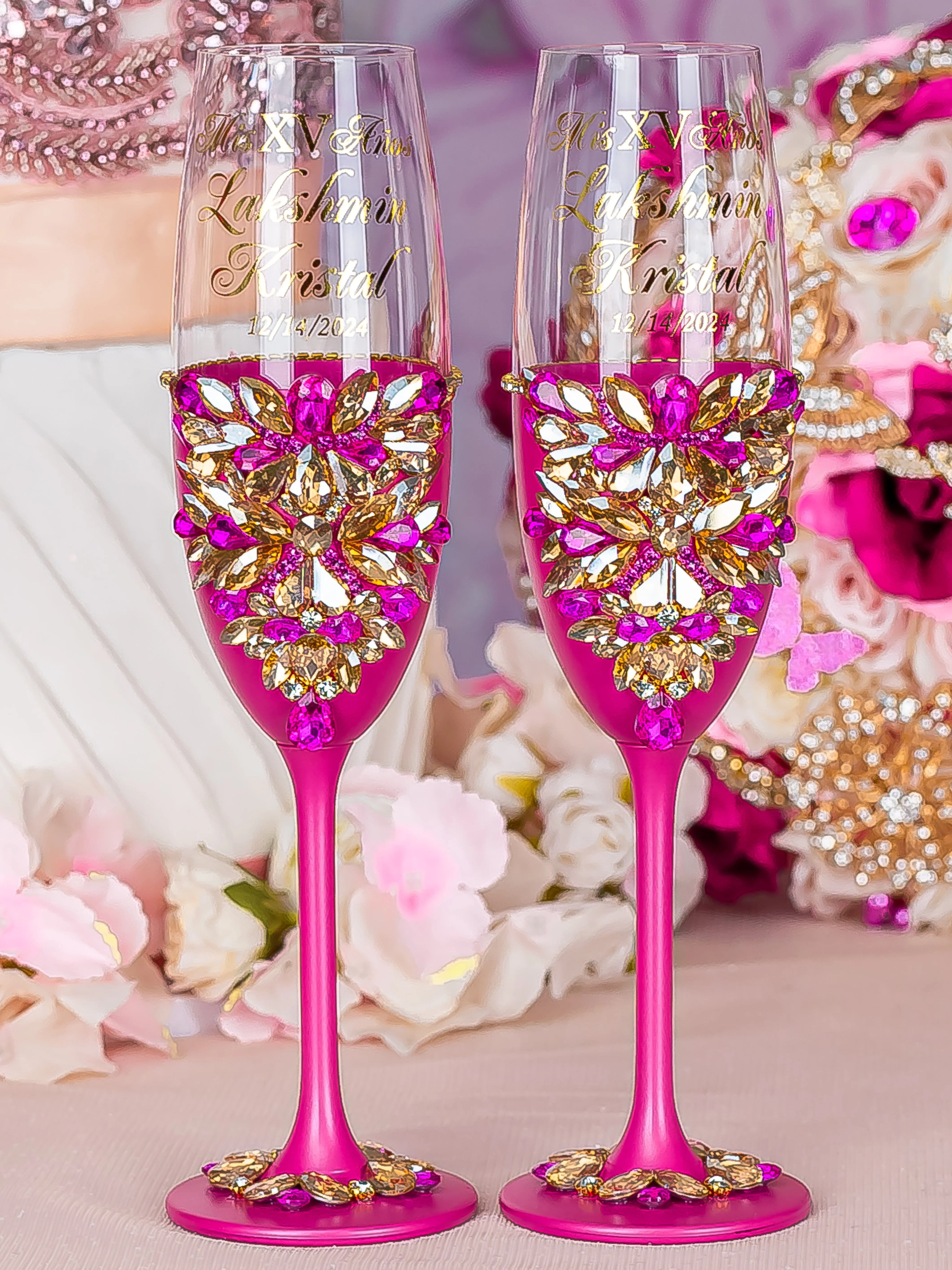 Fuchsia quinceanera cake knife set with 2 glasses