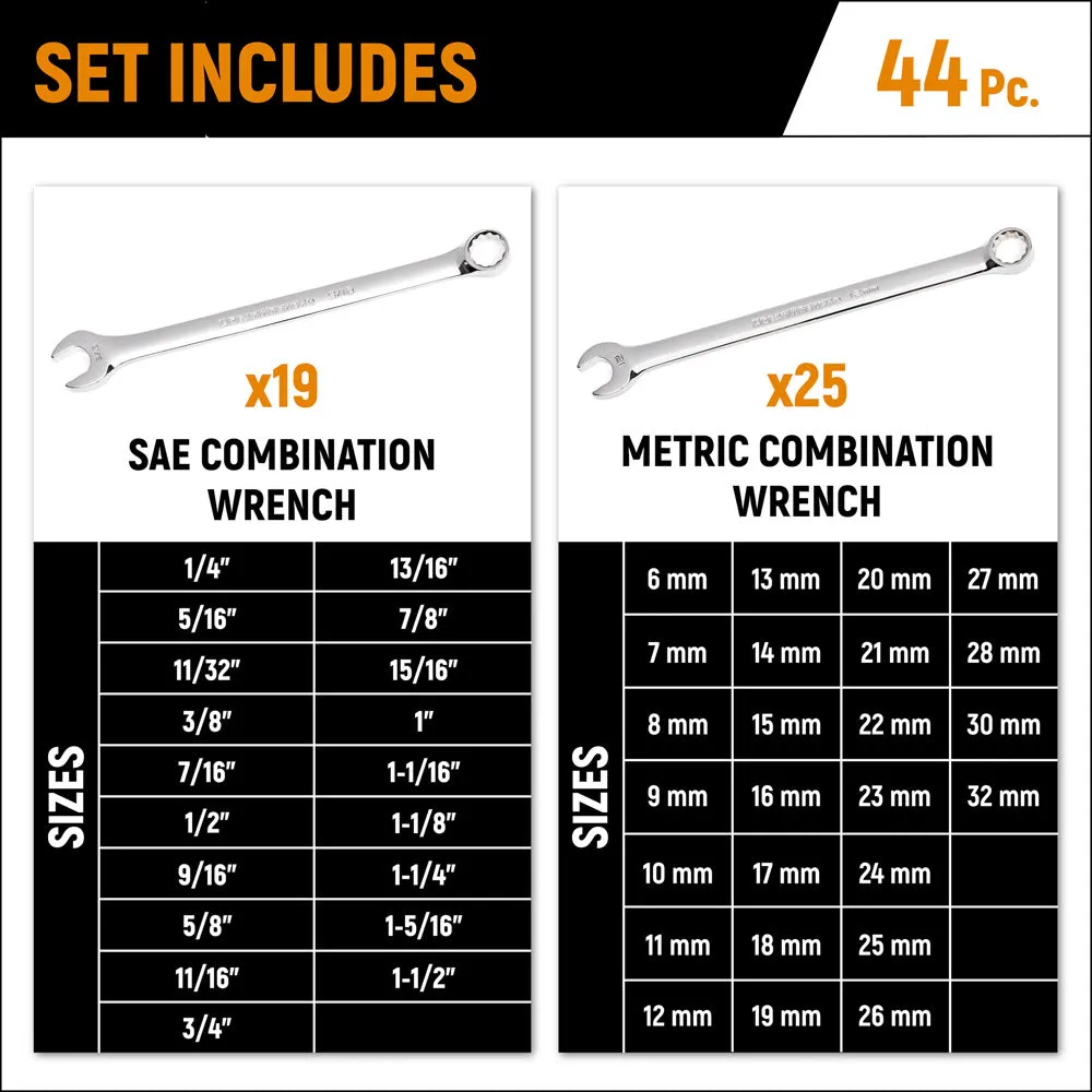 GearWrench 81919 44 Pc. 12 Point Long Pattern Combination SAE/Metric Wrench Set