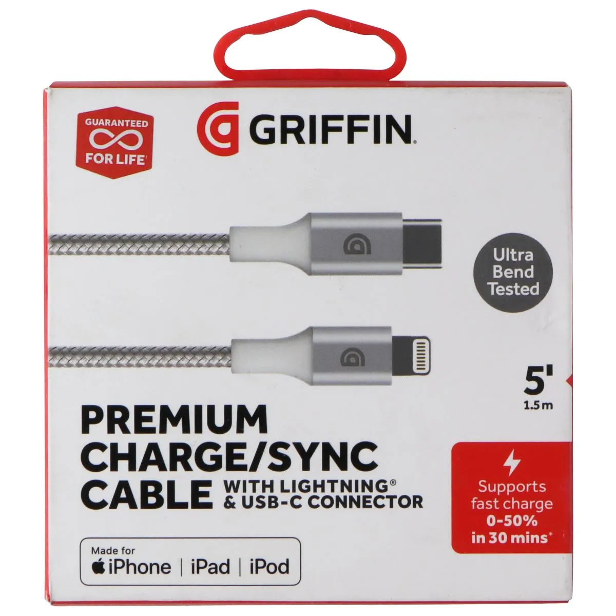 Griffin 5FT Premium Charge/Sync USB-C to 8-Pin Cable for iPhone & iPad - Silver