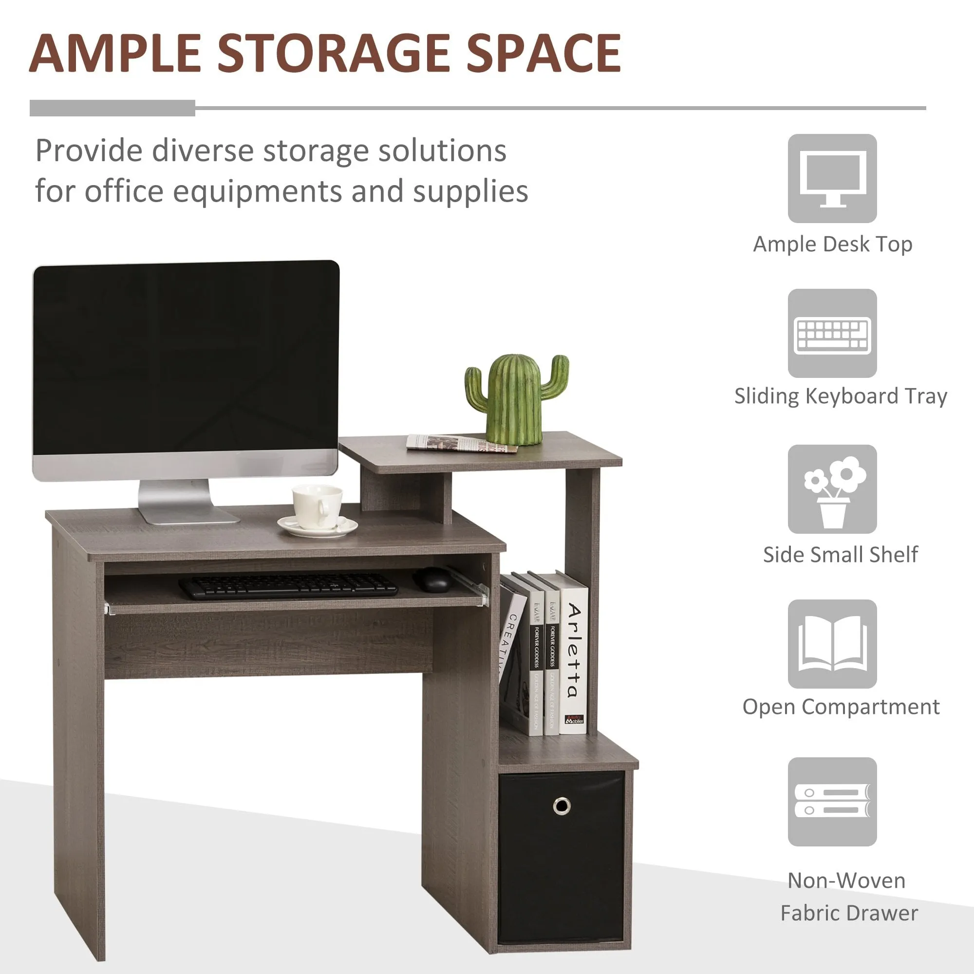 HOMCOM Computer Desk with Sliding Keyboard Tray Storage Drawer Shelf Home Office Workstation Grey