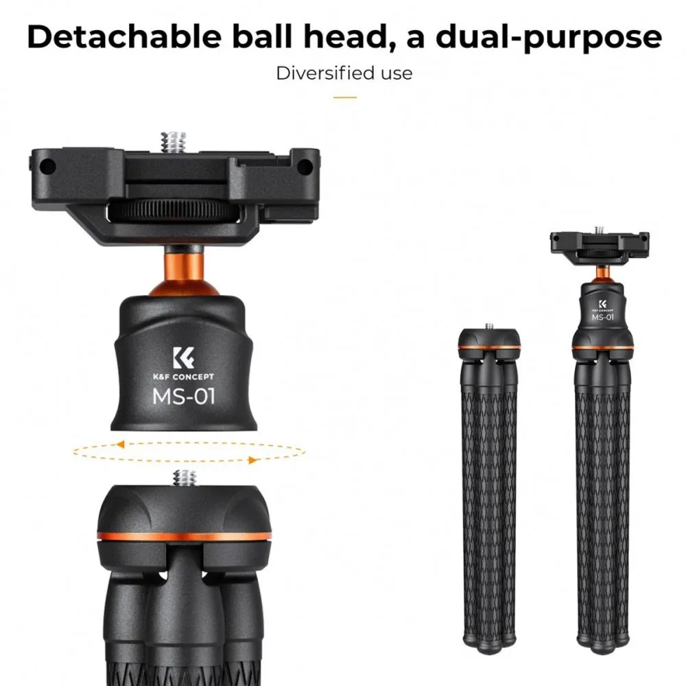 K&F Concept MS-01 Flexible Tripod with Integrated Clip Phone Holder, Metal Ball Head, and Wireless Bluetooth Remote Control for Smartphones, Video Fill Light, Cameras