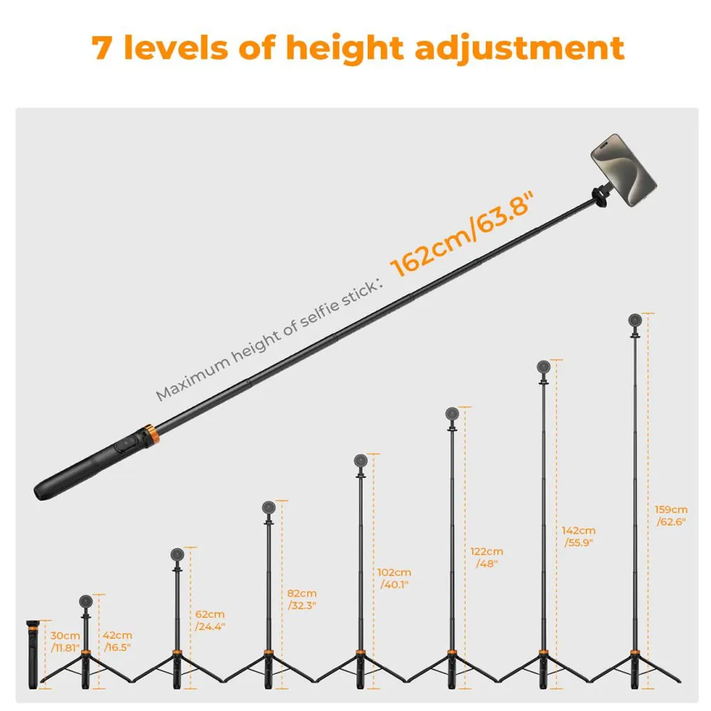 K&F Concept MS19 7-Section Magnetic Tripod   1.6m Selfie Stick with 10m Max Bluetooth Control Distance for iPhone 15 14 13 12 Smartphone