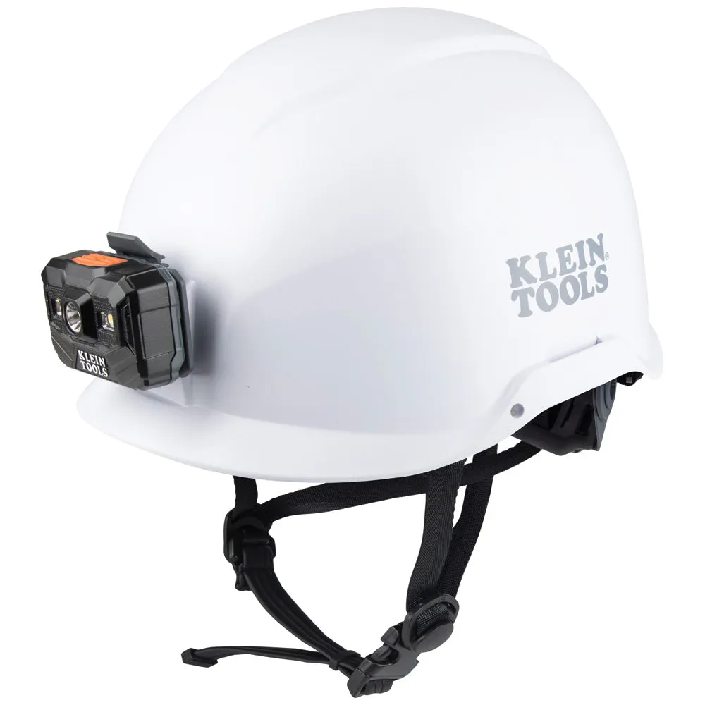 Klein Tools 60146 Safety Helmet, Non-Vented-Class E, with Rechargeable Headlamp, White