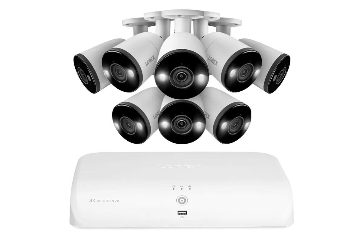 Lorex 4K 16 Camera Capable (8 Wired   8 Fusion Wi-Fi ) 2TB Wired NVR System with Eight IP Smart Deterrence Bullet Cameras - Open Box