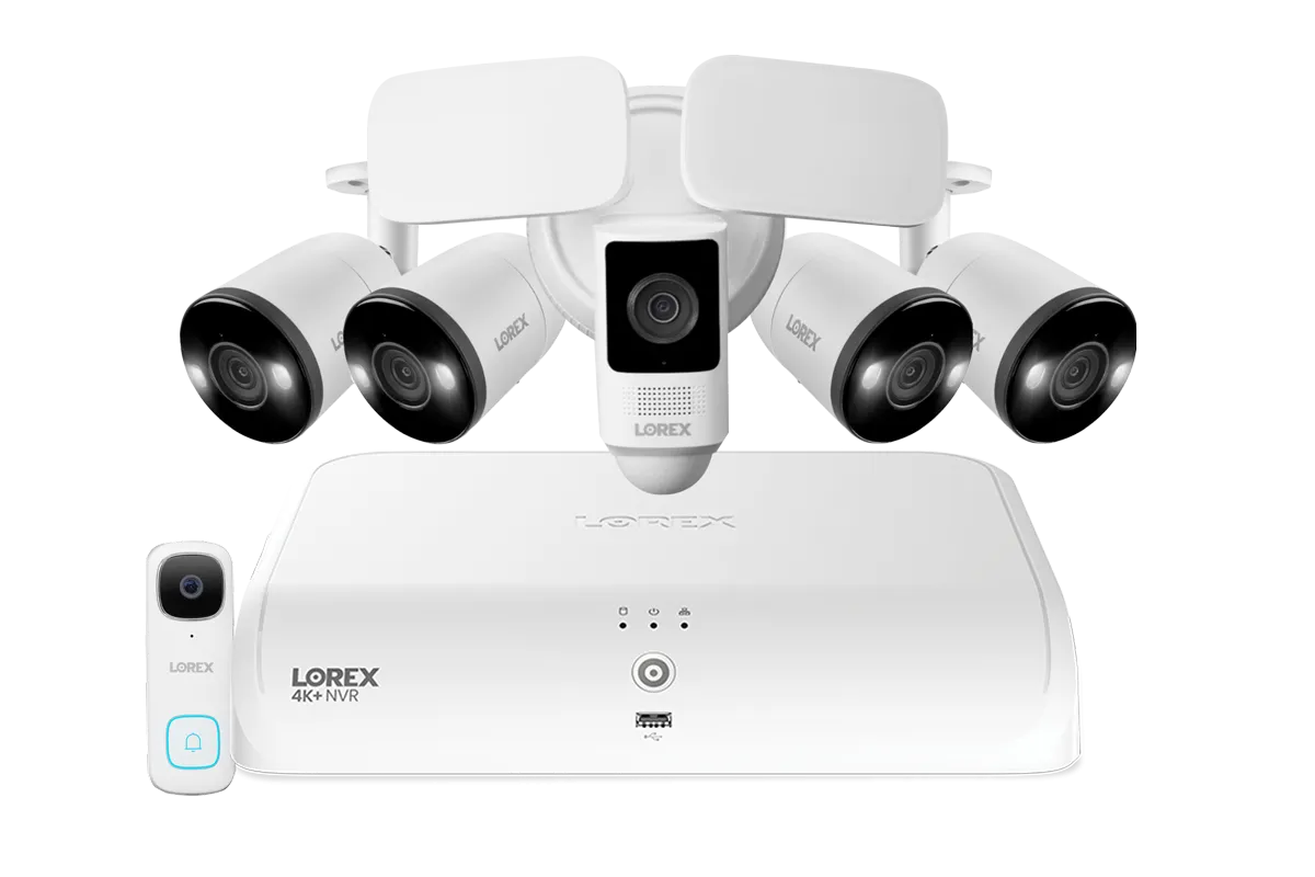 Lorex Fusion 4K  16 Channel (8 Wired   8 Fusion Wi-Fi) 2TB NVR System with Four H13 Wired 4K IP Bullet Cameras, One 2K Wired Doorbell, and One 2K Floodlight