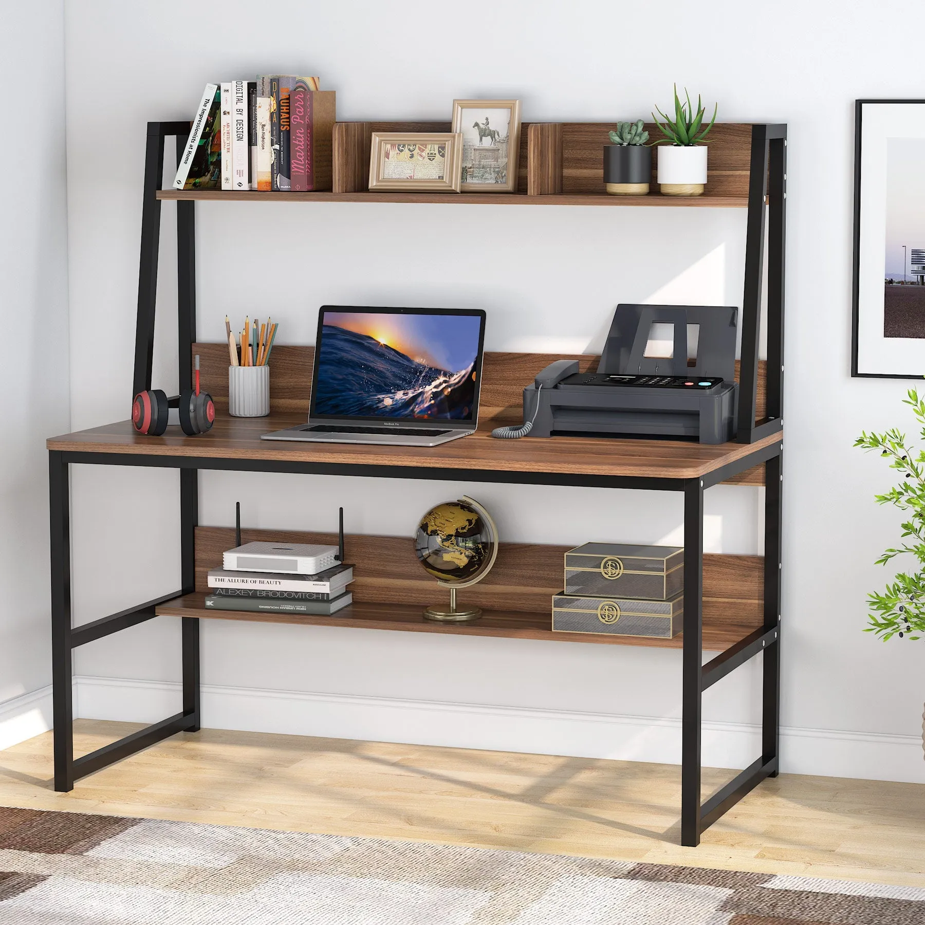 Modern Computer Desk with Hutch, 47" Office Desk with Storage Shelves