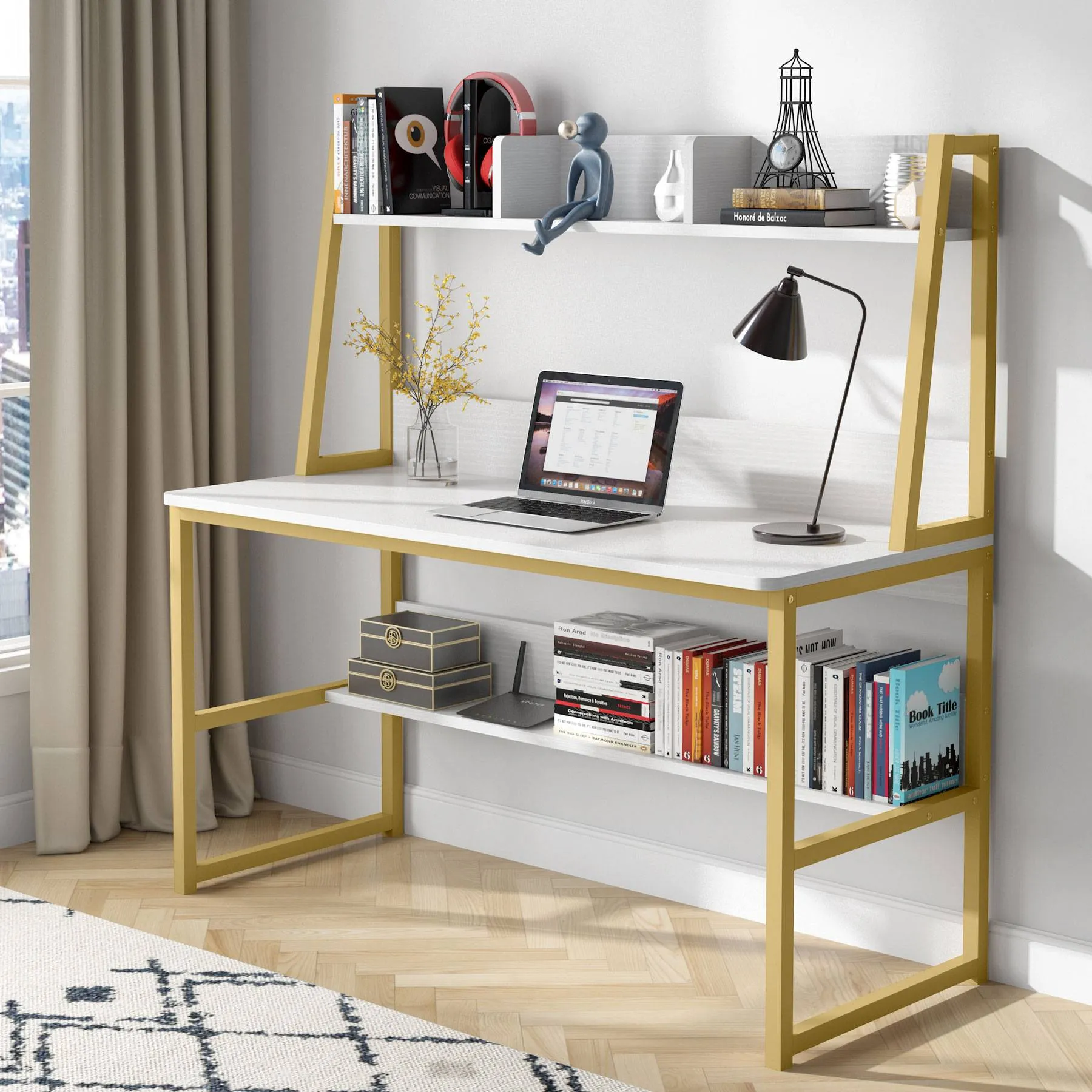 Modern Computer Desk with Hutch, 47" Office Desk with Storage Shelves