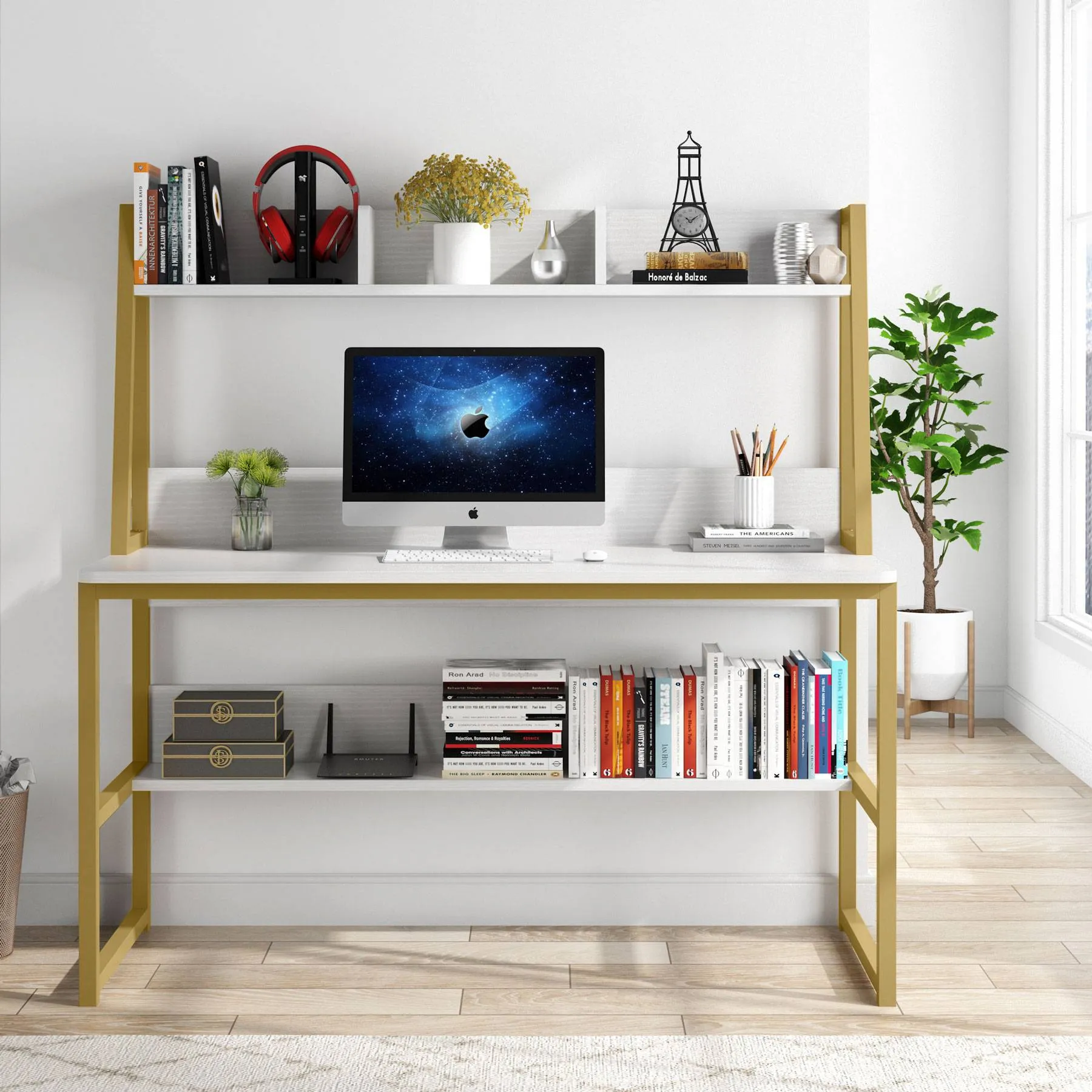 Modern Computer Desk with Hutch, 47" Office Desk with Storage Shelves