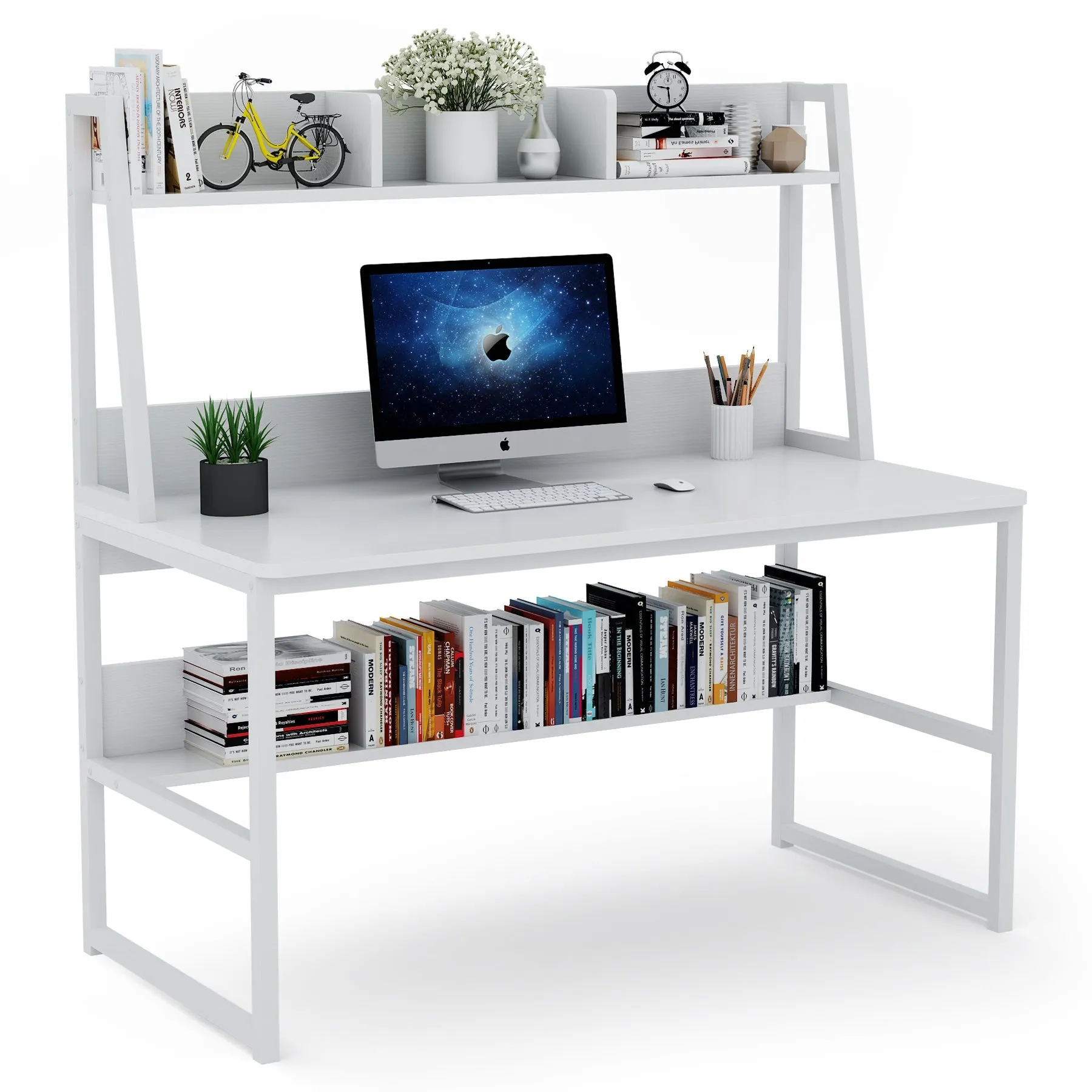 Modern Computer Desk with Hutch, 47" Office Desk with Storage Shelves