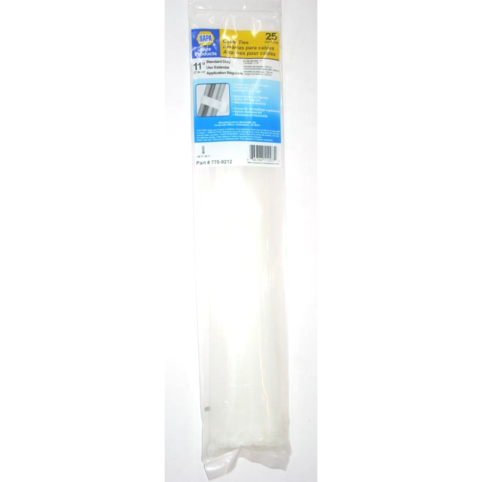 Napa 770-9212 Standard Duty White Cable Ties 0.19 x 11" Long 6/6 Nylon 25 pk