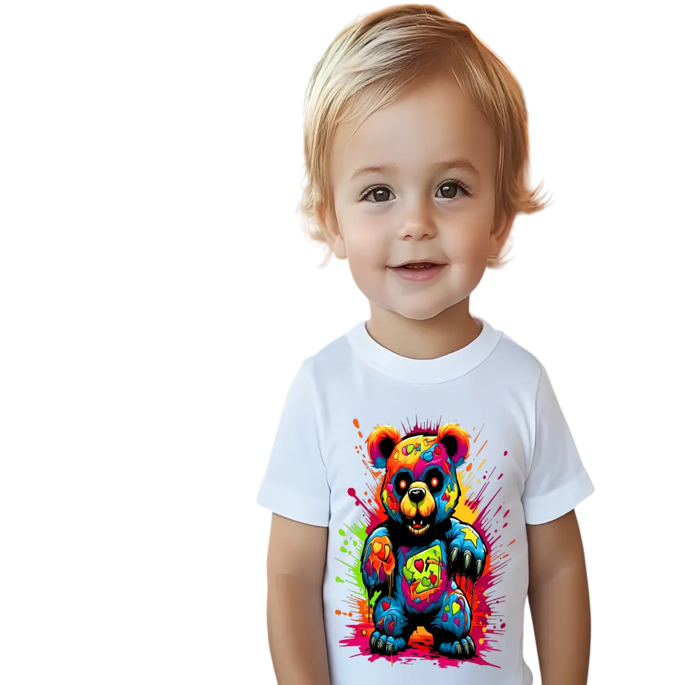 NicholesGifts Toddler Boys Multicolored Color Splash Teddy Bear Crewneck Short Sleeve T-Shirt