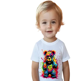 NicholesGifts Toddler Boys Multicolored Color Splash Teddy Bear Crewneck Short Sleeve T-Shirt