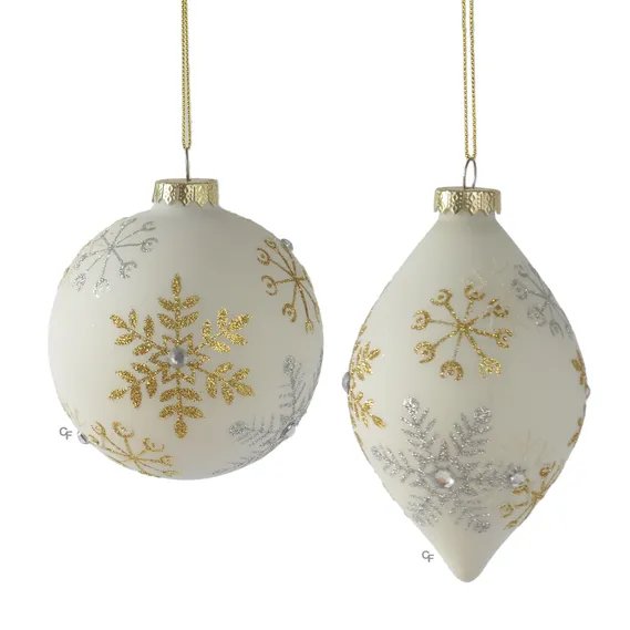 Off White with Gold and Silver Snowflakes Glass Doublepoint Ornament