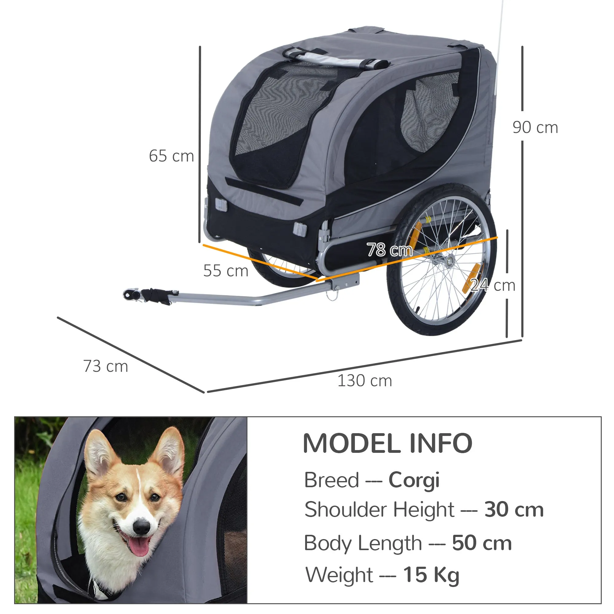 PawHut Pet Bicycle Trailer Steel Dog Bike Carrier Water Resistant Travel Grey