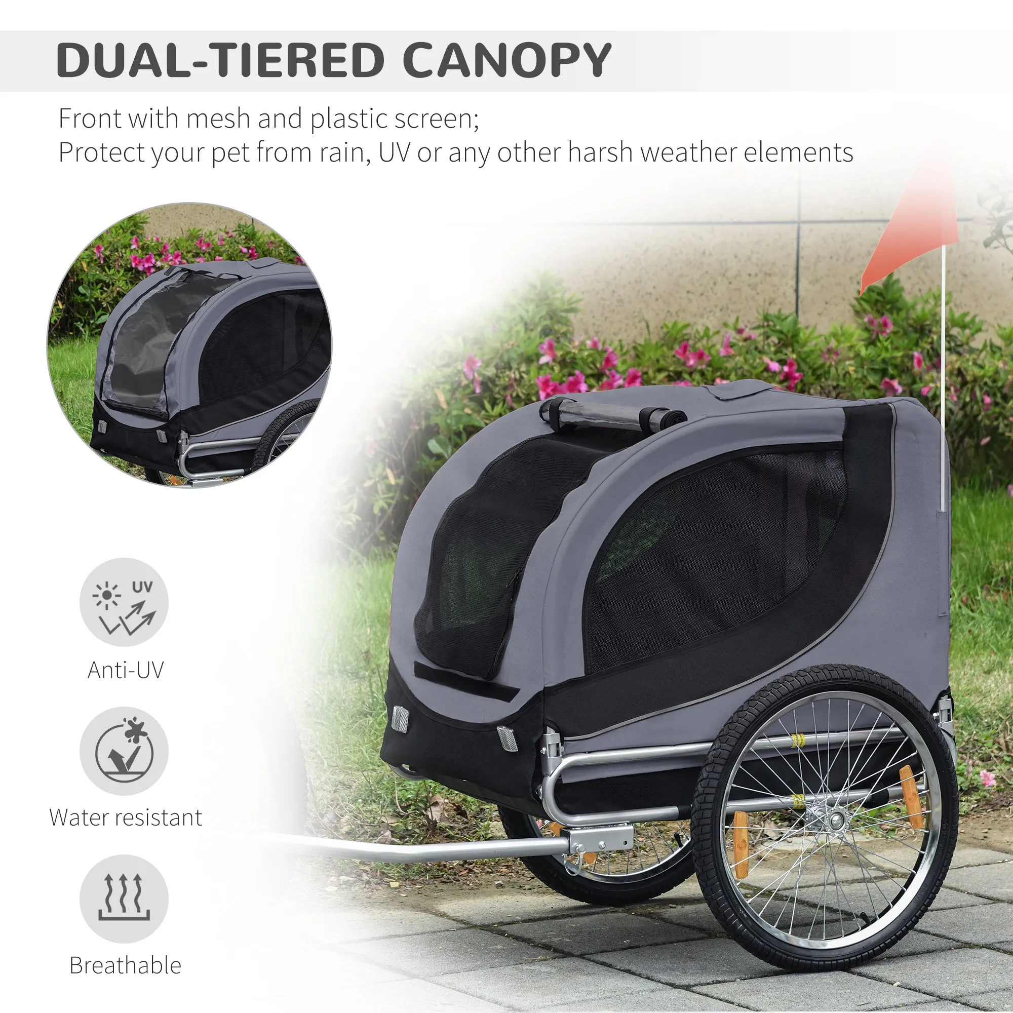 PawHut Pet Bicycle Trailer Steel Dog Bike Carrier Water Resistant Travel Grey