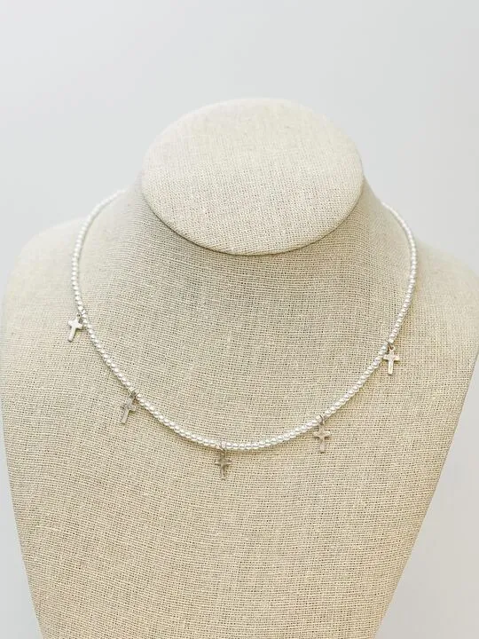 Pearl Strand Cross Station Necklace - Silver