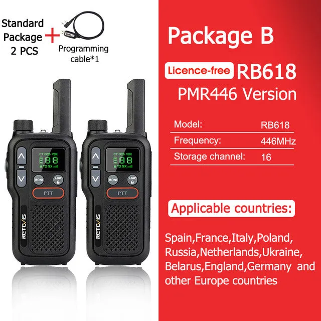 Retevis RB618 Mini Walkie Talkie Rechargeable Walkie-Talkies 1 or 2 pcs PTT PMR446 Long Range Portable Two-way Radio For Hunting