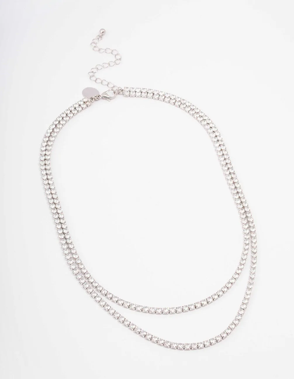 Rhodium Cubic Zirconia Round Cup Chain Layered Necklace