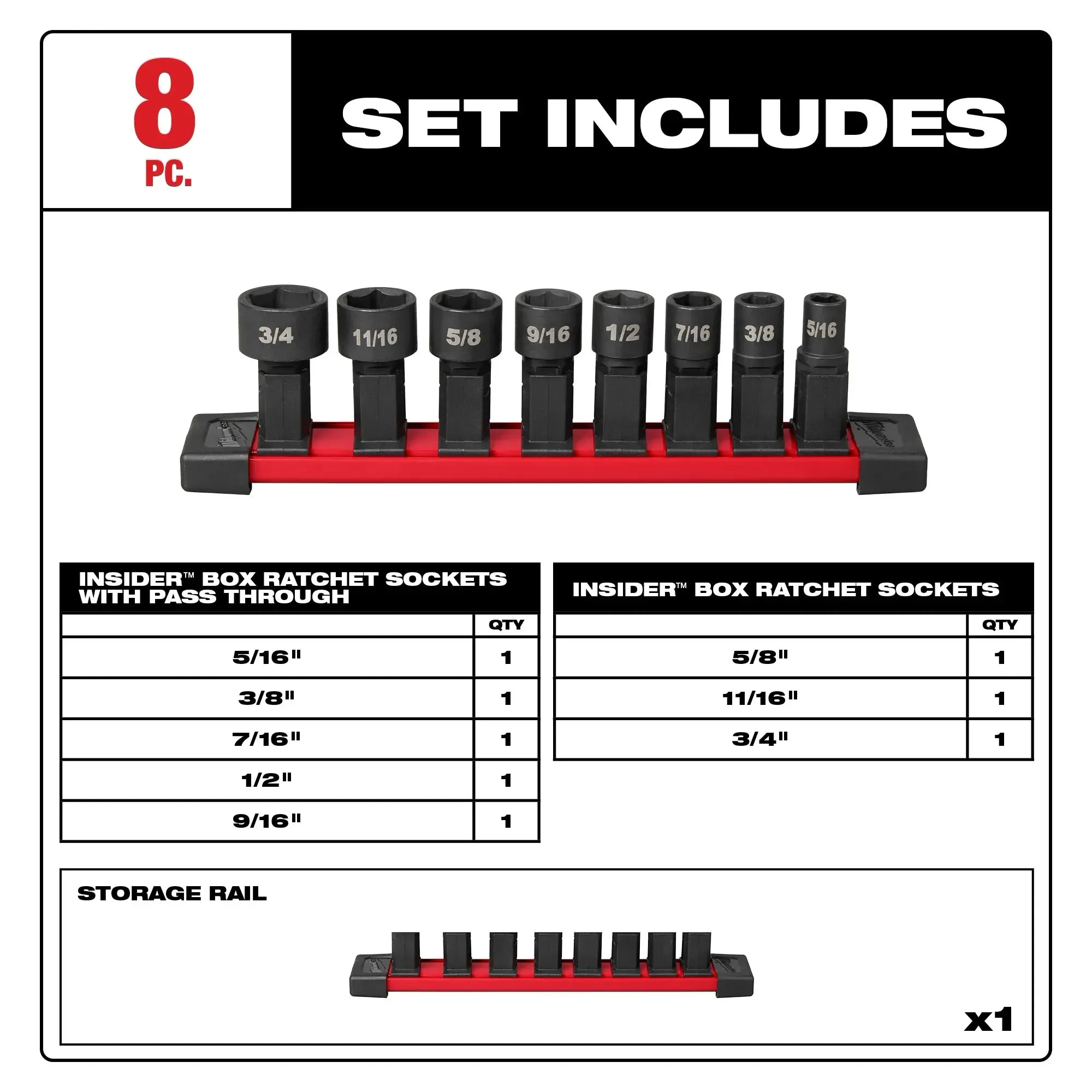 Socket Set - Milwaukee INSIDER™ Box Ratchet Socket SAE Set 8PC, 49-16-1640