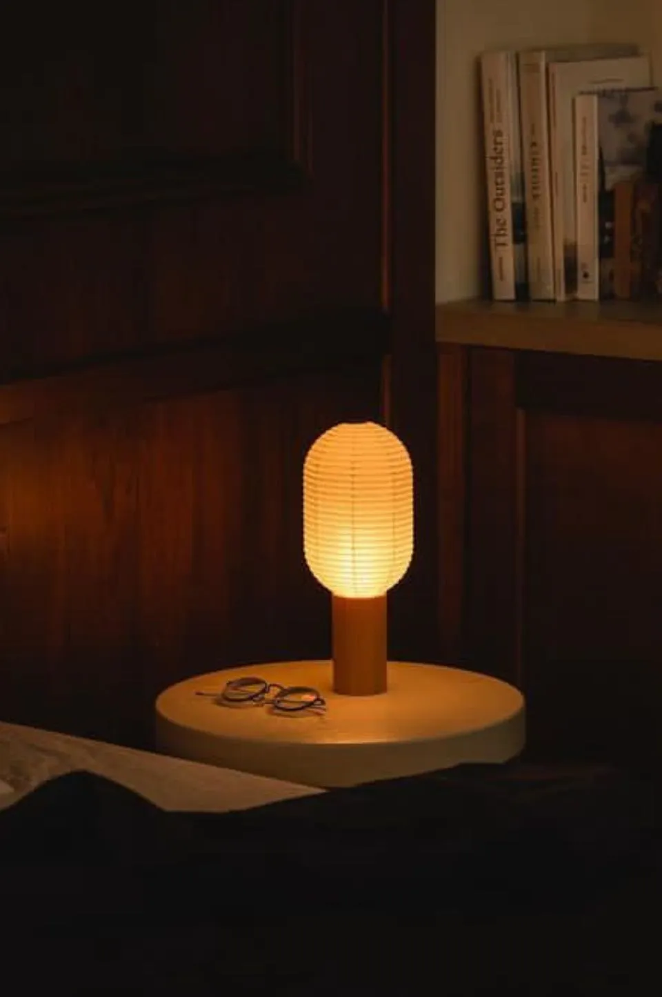 Vertical Washi-Paper Battery Torch Lamp with Ash Wood Base