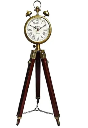 Wooden and Metal Tripod Clock with Stand Brass and Brown Two Bell Antique Look Floor Clock Home Decore