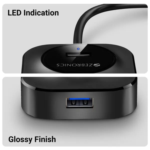 ZEBRONICS 400HB USB HUB, 4 Ports, USB 3.0, Transfer Speeds Upto 5 Gbps, Compact Design, LED Indicator, Multi OS Compatible, Micro USB (for Additional Power), Plug and Play